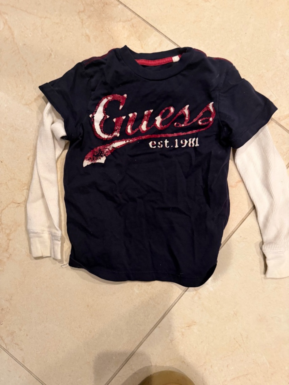 Guess Navy Layered-Look Long Sleeve Tee with White Sleeves